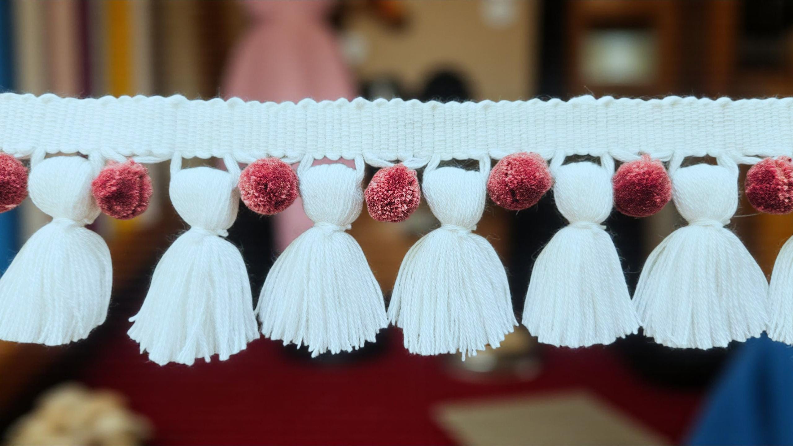 Colourful Pom Pom Trim for Sewing, Crafts & Home Décor  Boho Fringe Ribbon, White Tassel / Hellebore Pom Poms