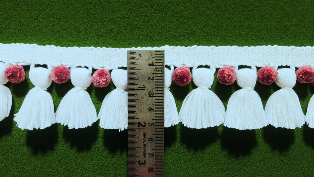 Colourful Pom Pom Trim for Sewing, Crafts & Home Décor  Boho Fringe Ribbon, White Tassel / Hellebore Pom Poms