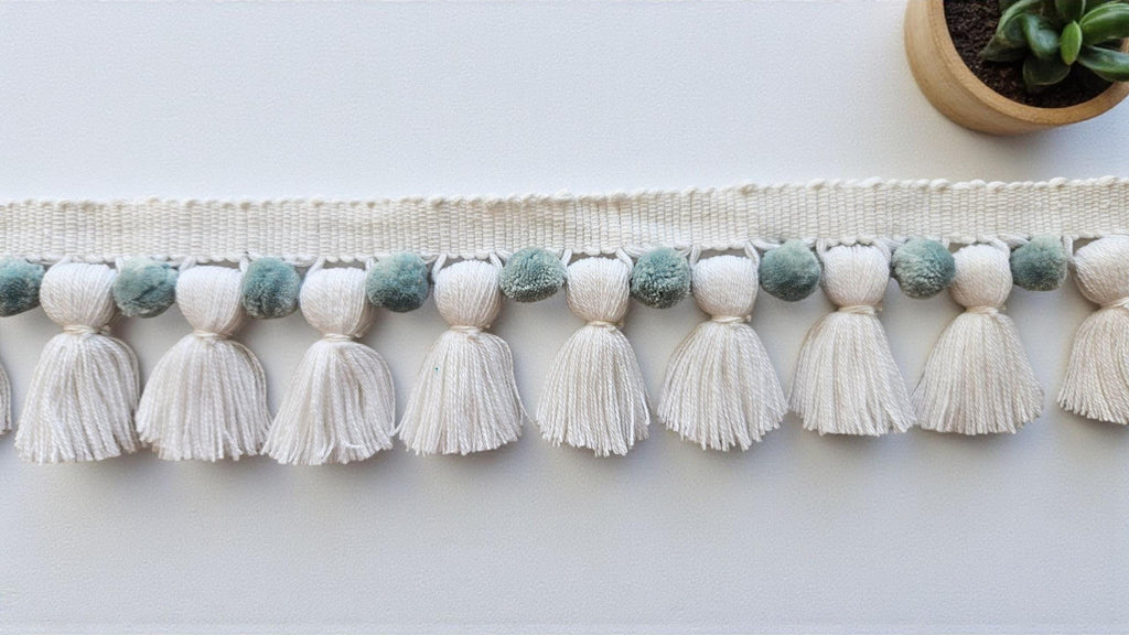 Pom Pom Braid Fringe  DIY Sewing, Cushion & Curtain Trim  Boho Craft Supply , White Tasssls / China blue Pom Poms