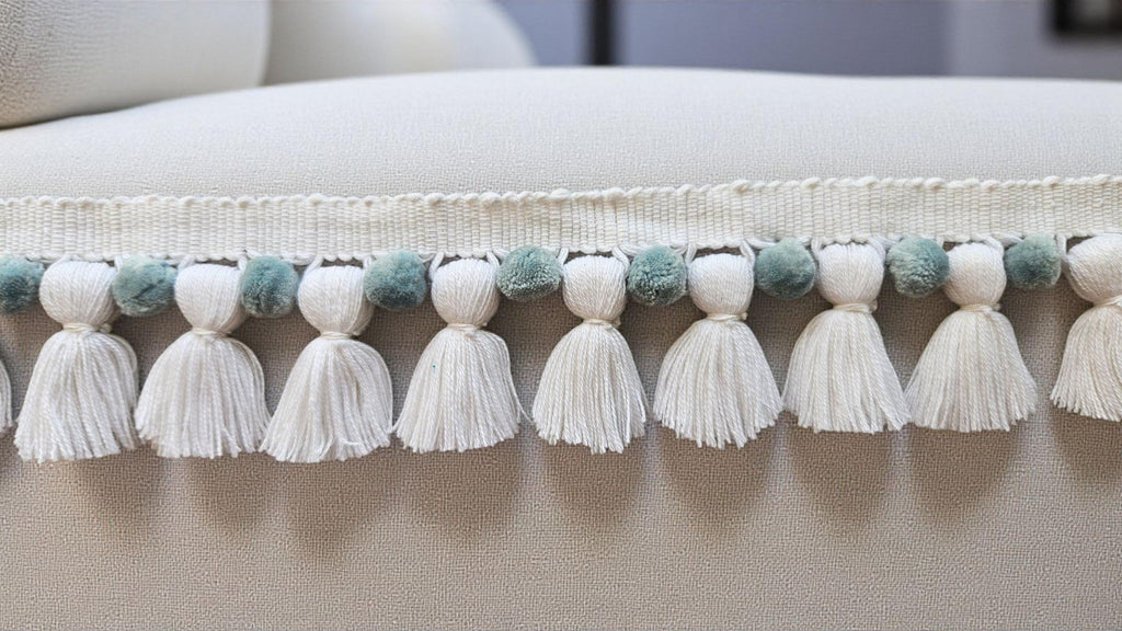 Pom Pom Braid Fringe  DIY Sewing, Cushion & Curtain Trim  Boho Craft Supply , White Tasssls / China blue Pom Poms