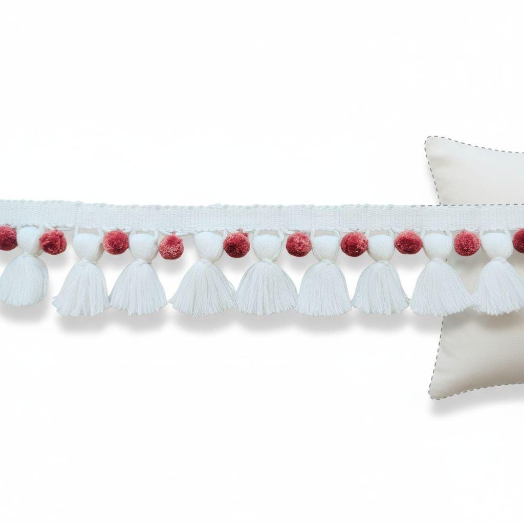 Colourful Pom Pom Trim for Sewing, Crafts & Home Décor  Boho Fringe Ribbon, White Tassel / Hellebore Pom Poms