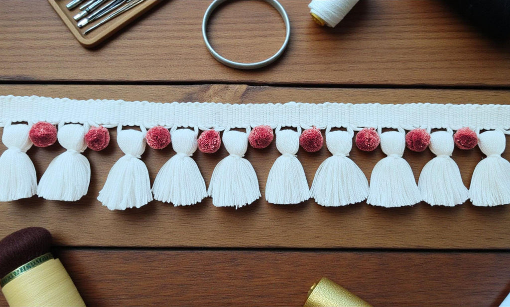 Colourful Pom Pom Trim for Sewing, Crafts & Home Décor  Boho Fringe Ribbon, White Tassel / Hellebore Pom Poms