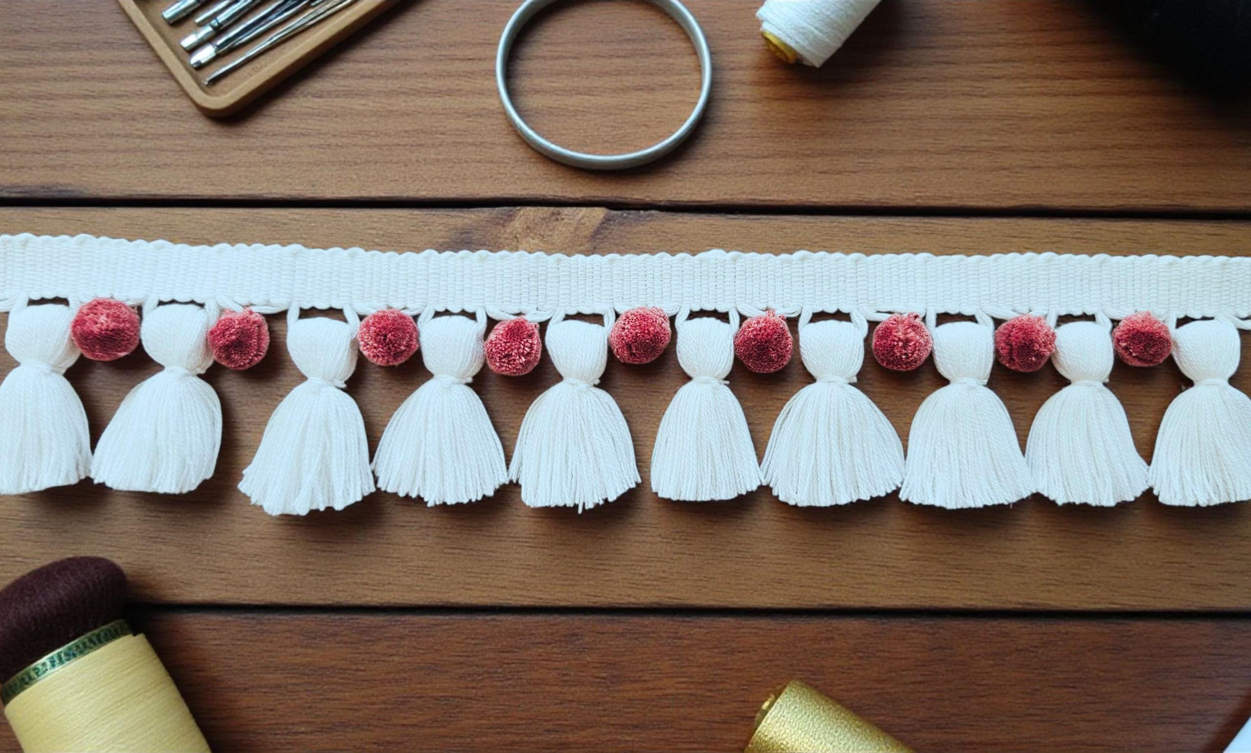 Colourful Pom Pom Trim for Sewing, Crafts & Home Décor  Boho Fringe Ribbon, White Tassel / Hellebore Pom Poms