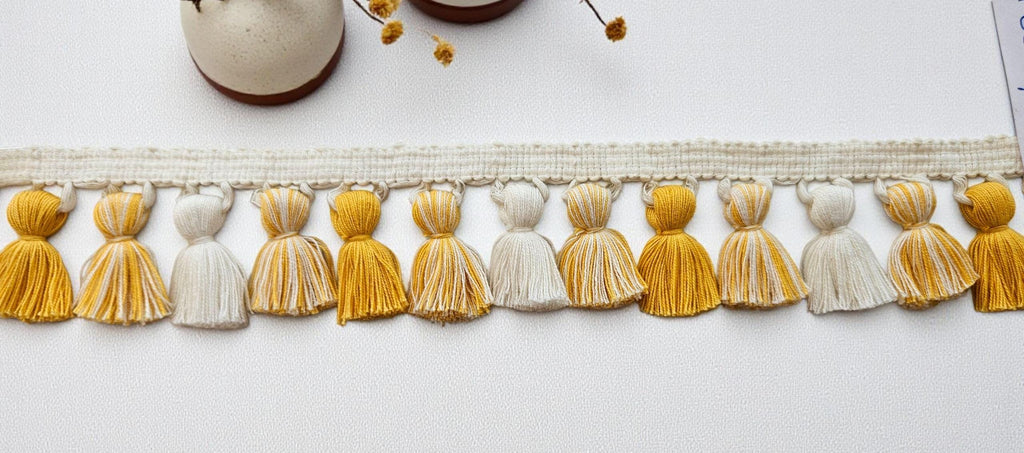 Decorative Tassel Braid  Perfect for Home Décor, Costumes & Upholstery Projects , Yellow Ochre / ivory mixed Tasel Trim