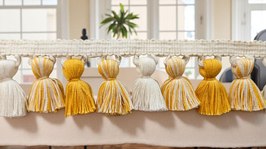 Decorative Tassel Braid  Perfect for Home Décor, Costumes & Upholstery Projects , Yellow Ochre / ivory mixed Tasel Trim