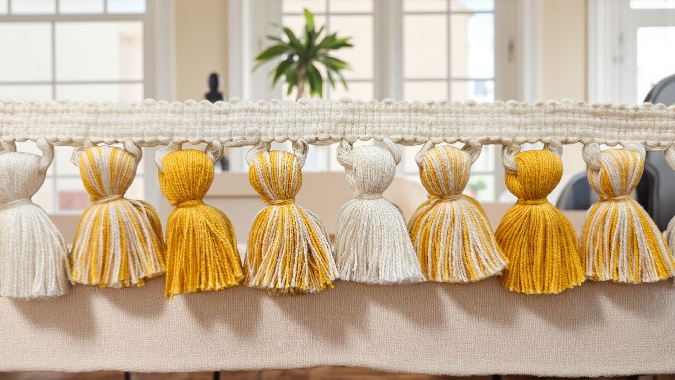 Decorative Tassel Braid  Perfect for Home Décor, Costumes & Upholstery Projects , Yellow Ochre / ivory mixed Tasel Trim