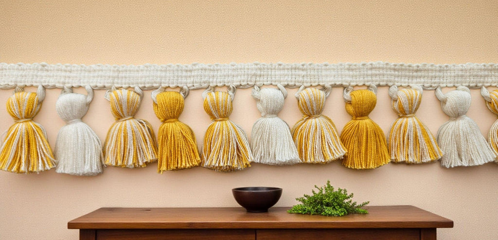Decorative Tassel Braid  Perfect for Home Décor, Costumes & Upholstery Projects , Yellow Ochre / ivory mixed Tasel Trim