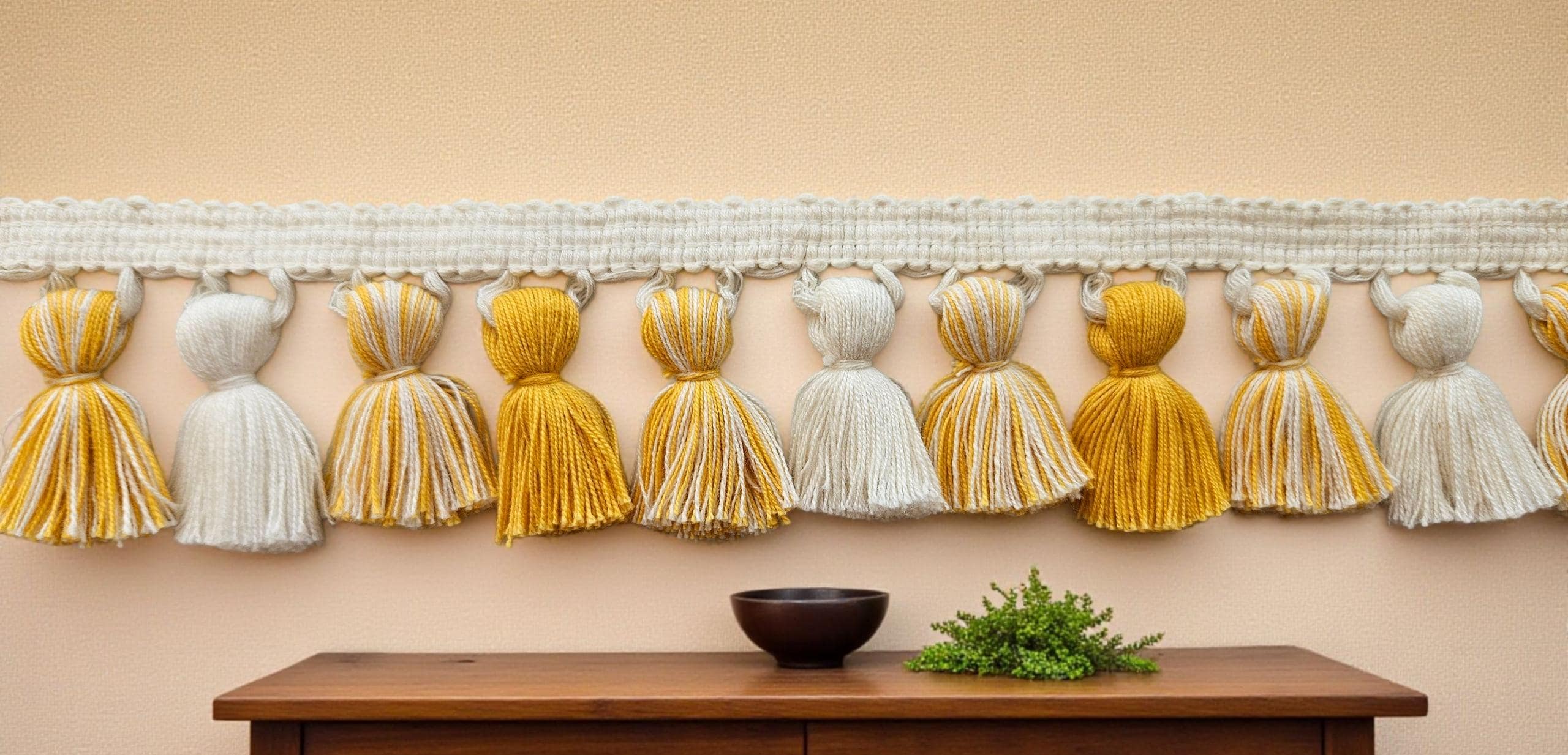 Decorative Tassel Braid  Perfect for Home Décor, Costumes & Upholstery Projects , Yellow Ochre / ivory mixed Tasel Trim