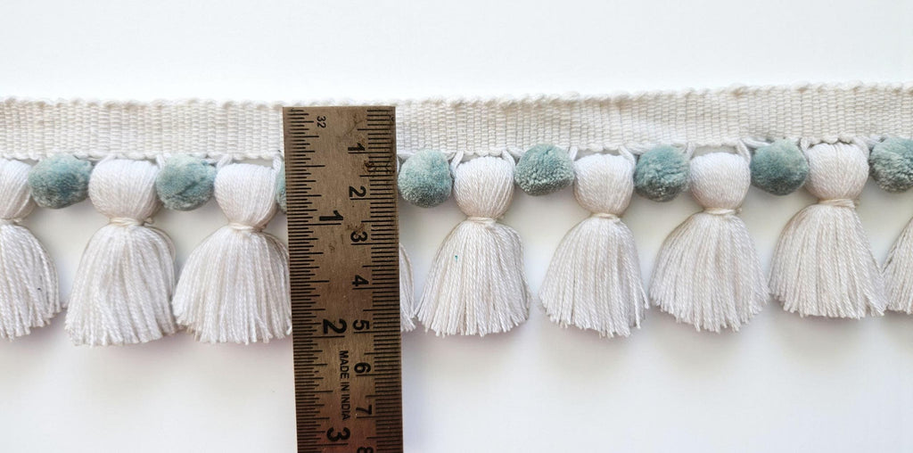Pom Pom Braid Fringe  DIY Sewing, Cushion & Curtain Trim  Boho Craft Supply , White Tasssls / China blue Pom Poms