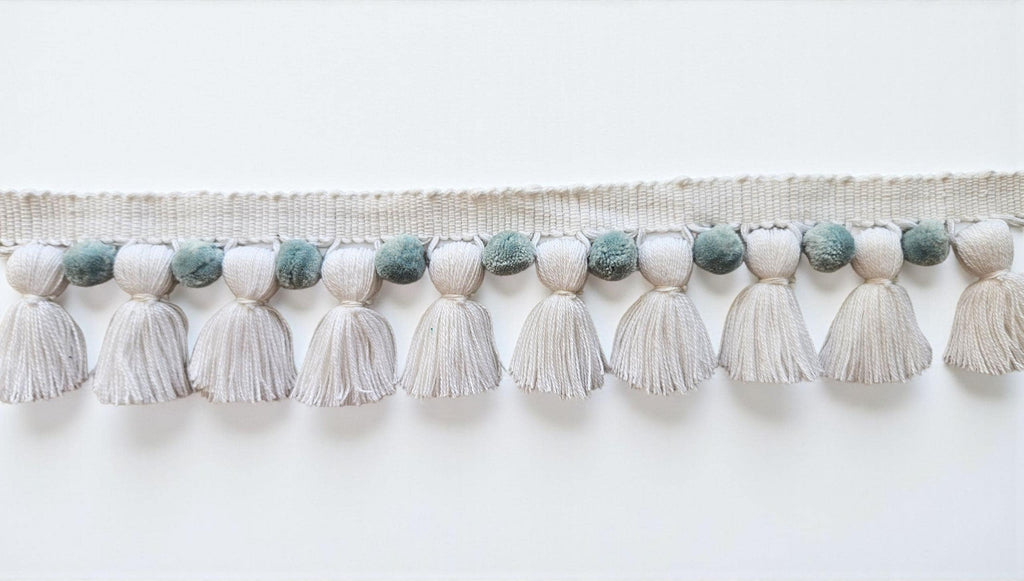 Pom Pom Braid Fringe  DIY Sewing, Cushion & Curtain Trim  Boho Craft Supply , White Tasssls / China blue Pom Poms