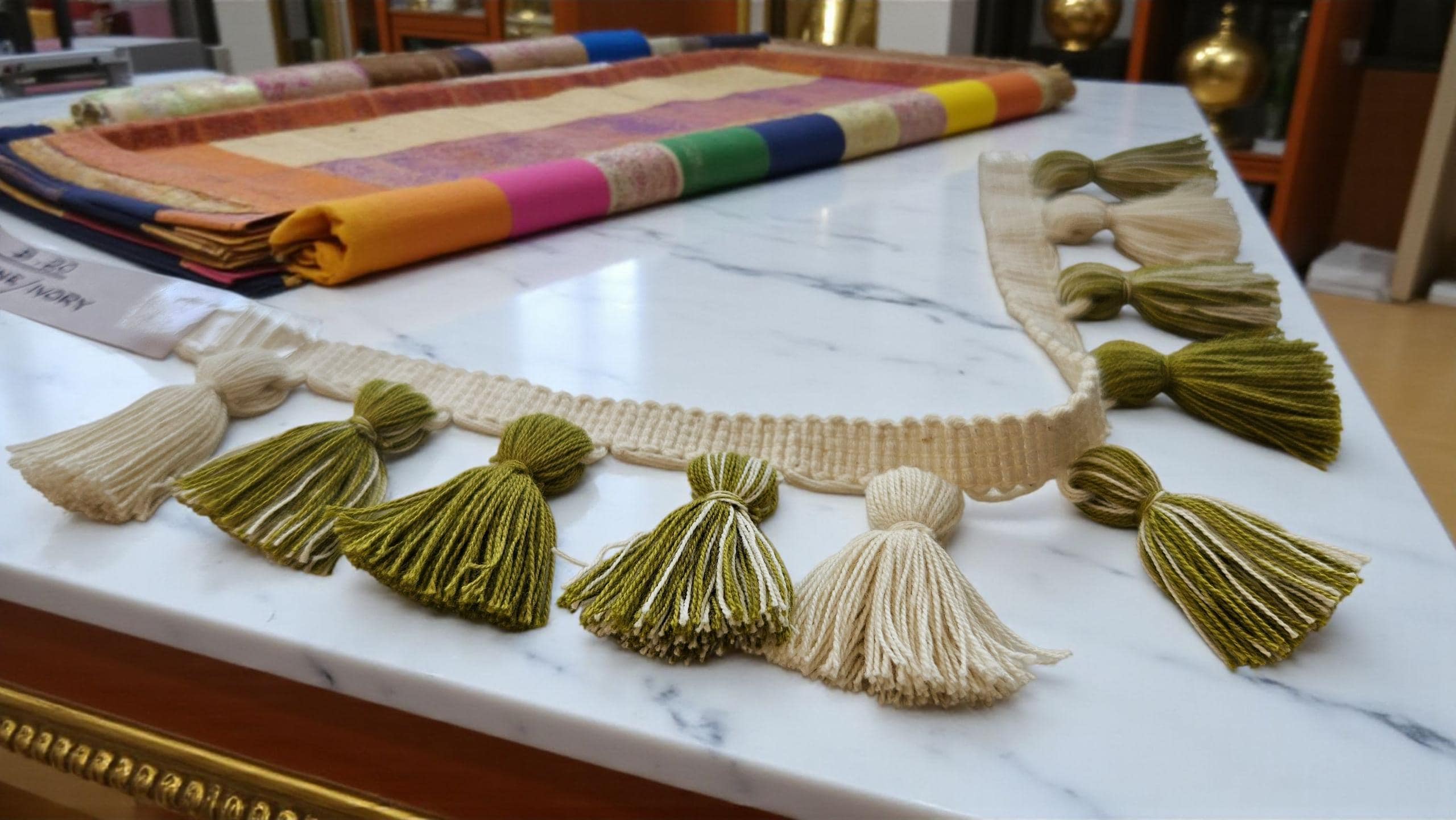 tassel trim, tassel fringe, upholstery tassel trim, crafted tassel trim,  Citrine  / Ivory mixed tassel fringe trim, Pure cotton tassel trim