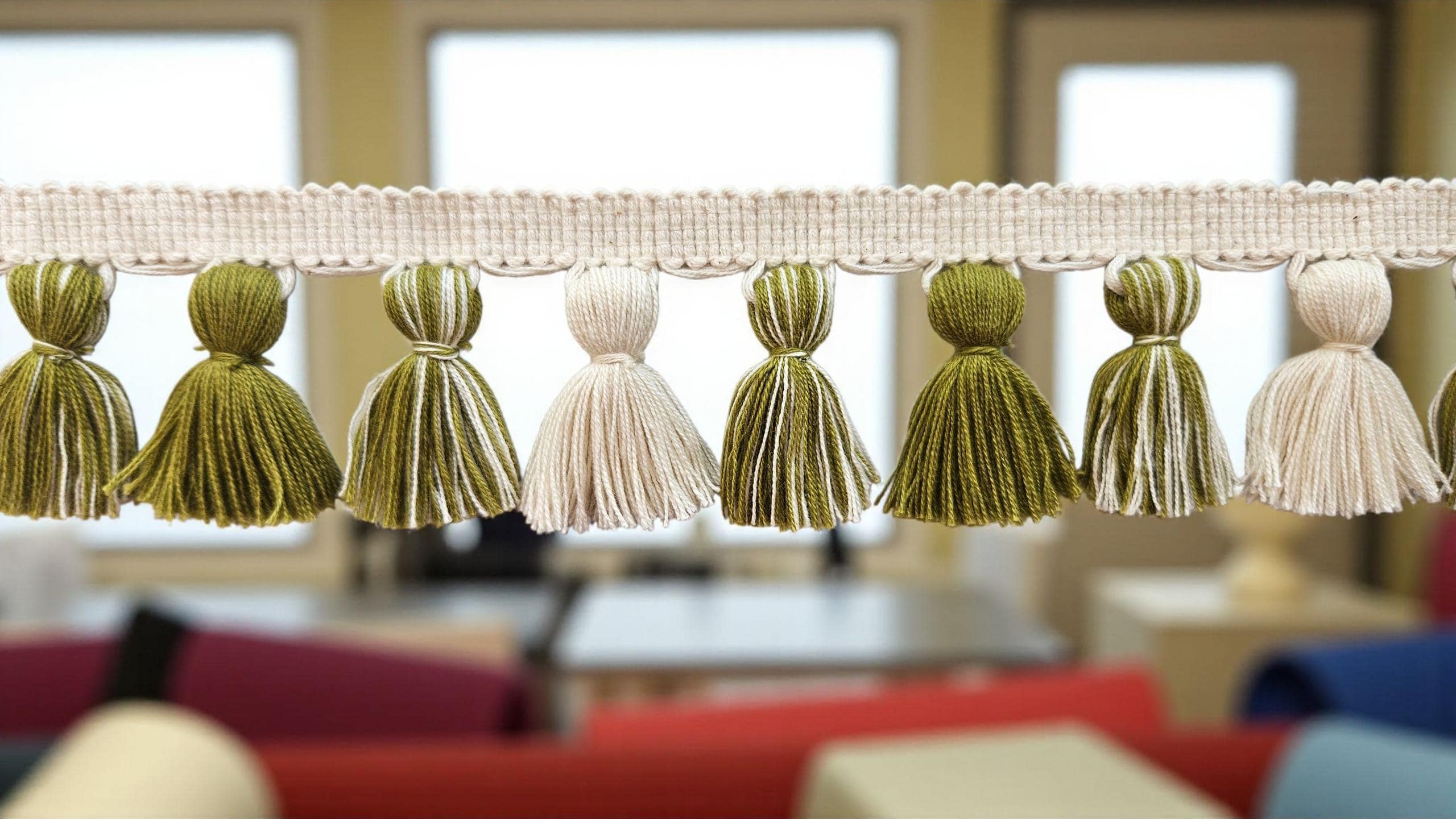 tassel trim, tassel fringe, upholstery tassel trim, crafted tassel trim,  Citrine  / Ivory mixed tassel fringe trim, Pure cotton tassel trim