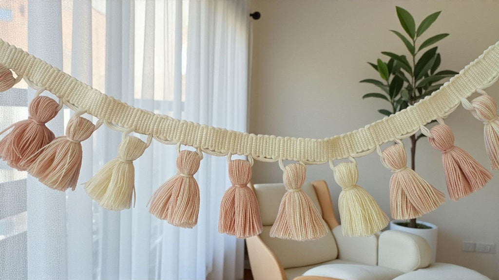 tassel trim by the yard, tassel fringe trim, Tassel trim, pom pom trim, multi colored pom pom tassel trim,blue tassel, dusky rose and ivory